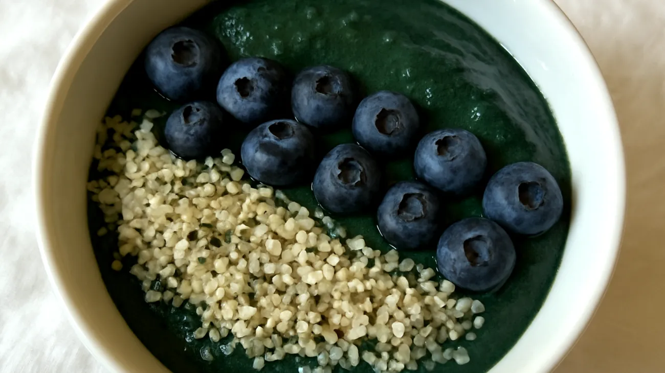 Smoothie bowl con spirulina, semi di canapa e mirtilli"