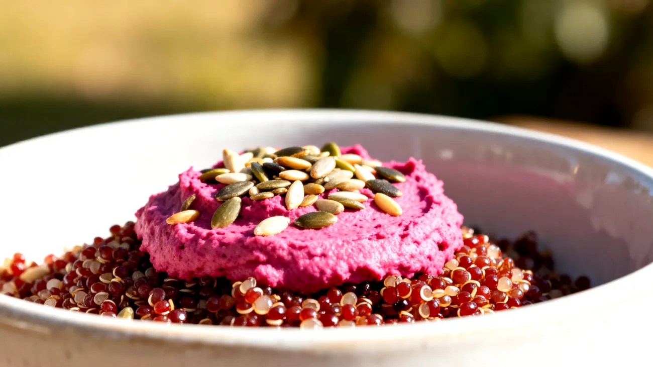 Bowl di quinoa rossa con hummus di barbabietola e semi misti"