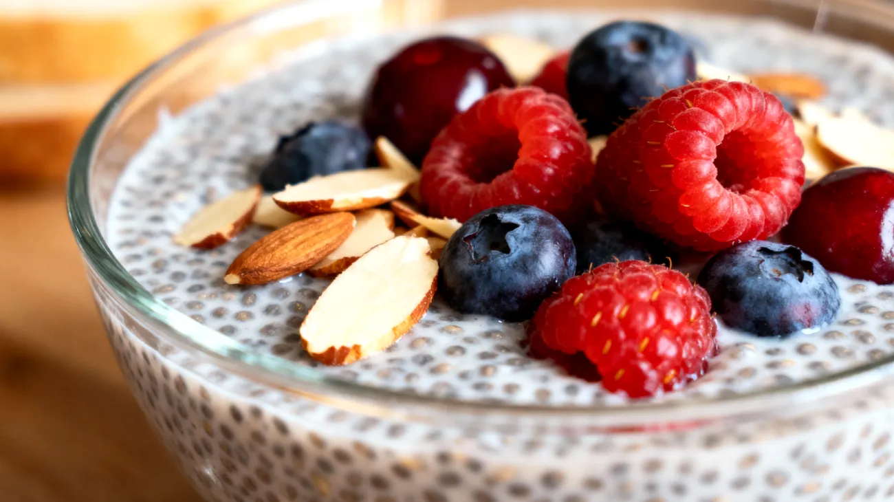 Budino di semi di chia con frutti di bosco e mandorle"
