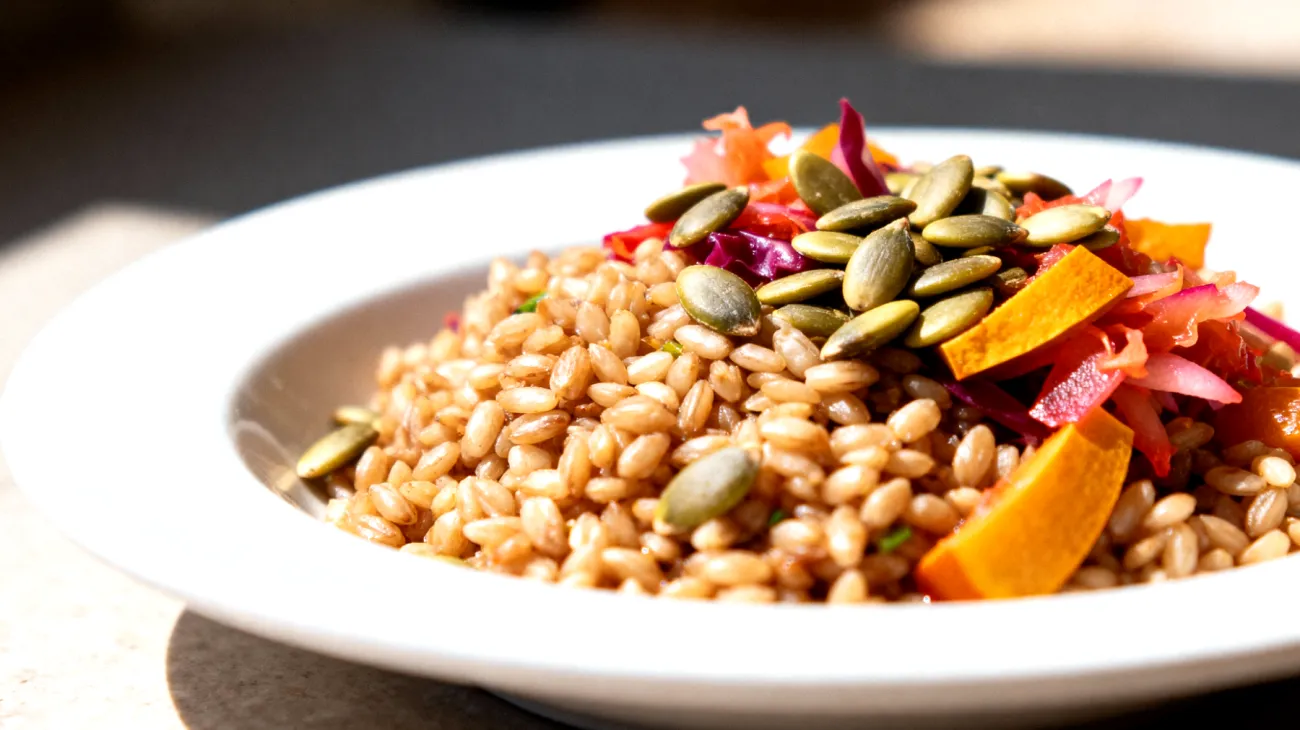 Insalata di farro con verdure fermentate e semi di zucca"