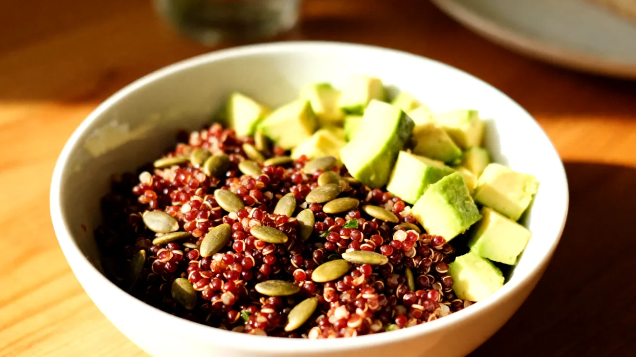 Insalata di quinoa rossa con semi di zucca e avocado"