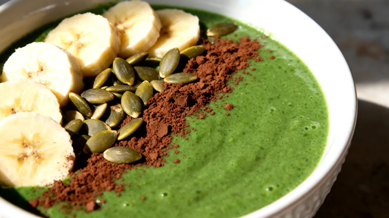 Smoothie bowl con spirulina, banana, semi di zucca e cacao crudo"