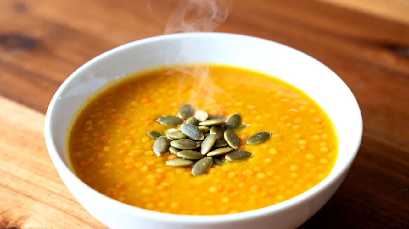 Zuppa di lenticchie rosse con curcuma e semi di zucca"