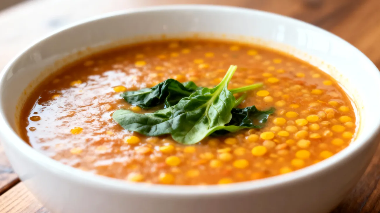 Zuppa di lenticchie rosse con curcuma e spinaci baby"