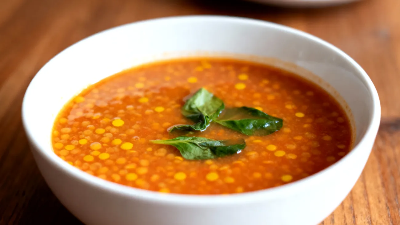 Zuppa di lenticchie rosse con curcuma e verdure a foglia verde"