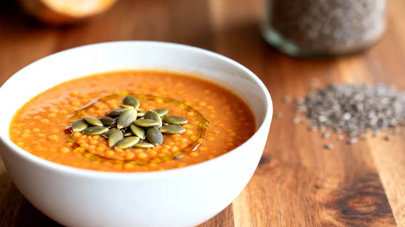 Zuppa di lenticchie rosse con semi di zucca e olio di semi di lino"